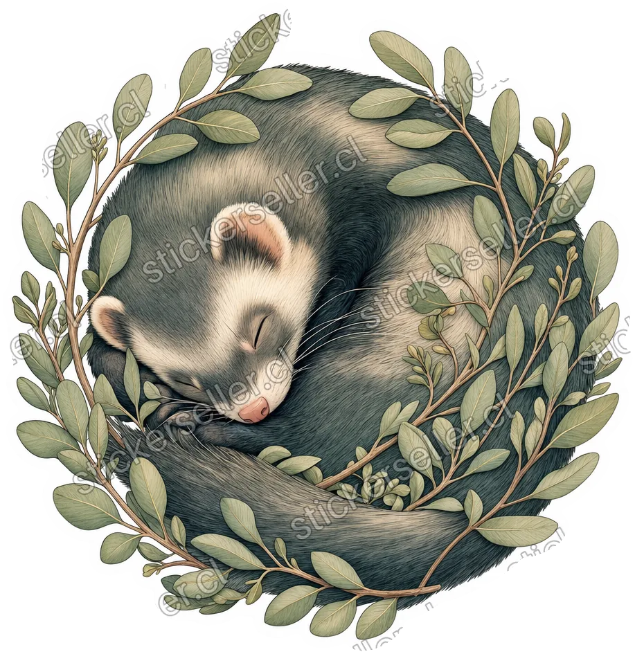 Sticker en ilustración suave estilo cuento de un hurón gris-verde durmiendo enroscado en pose circular, con ramas de hojas verde salvia tejidas alrededor del cuerpo, en paleta terrosa.