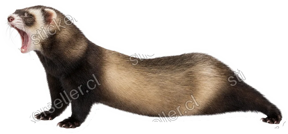 Sticker en recorte fotográfico realista de un hurón café y crema estirado a lo largo en cuatro patas de perfil hacia la izquierda, a mitad de un bostezo con la boca abierta.