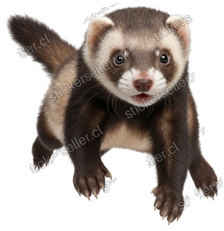 Sticker en recorte fotográfico realista de un hurón café y crema corriendo hacia el frente con las patas extendidas y la cabeza en alto, con carita de antifaz y cola tupida.