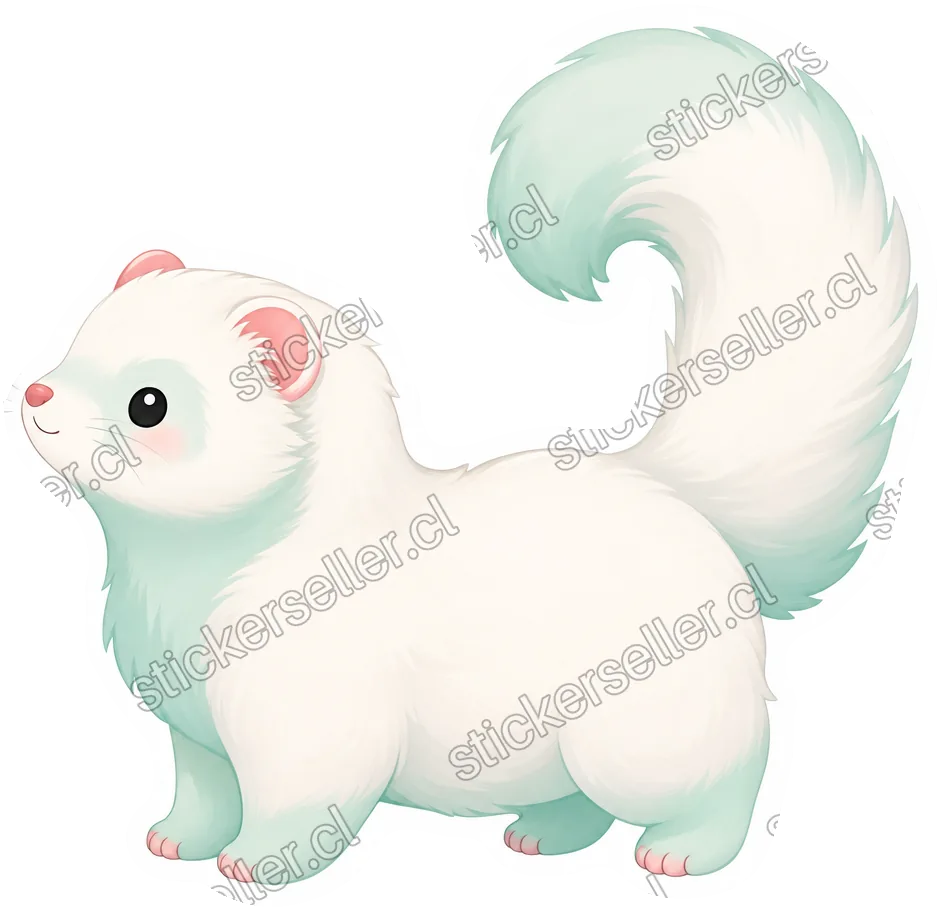 Sticker kawaii de un hurón regordete de perfil hacia la izquierda, con gran cola esponjosa enroscada, orejas rosadas, ojos de puntito y tonos pastel blanco y menta.