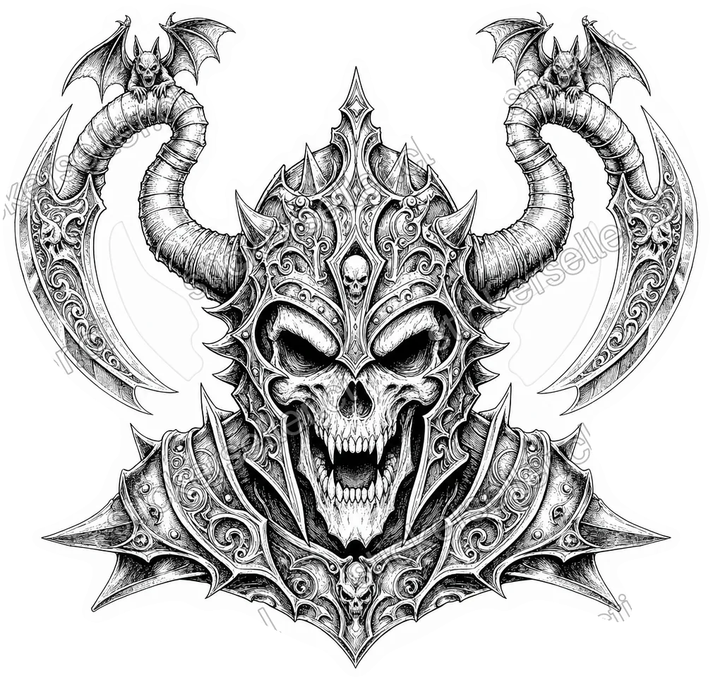 Sticker en línea negra sobre blanco de una calavera demoníaca que gruñe, con un yelmo de cuernos curvos terminados en filo, pequeños murciélagos posados sobre los cuernos y hombros de armadura, centrado y simétrico.