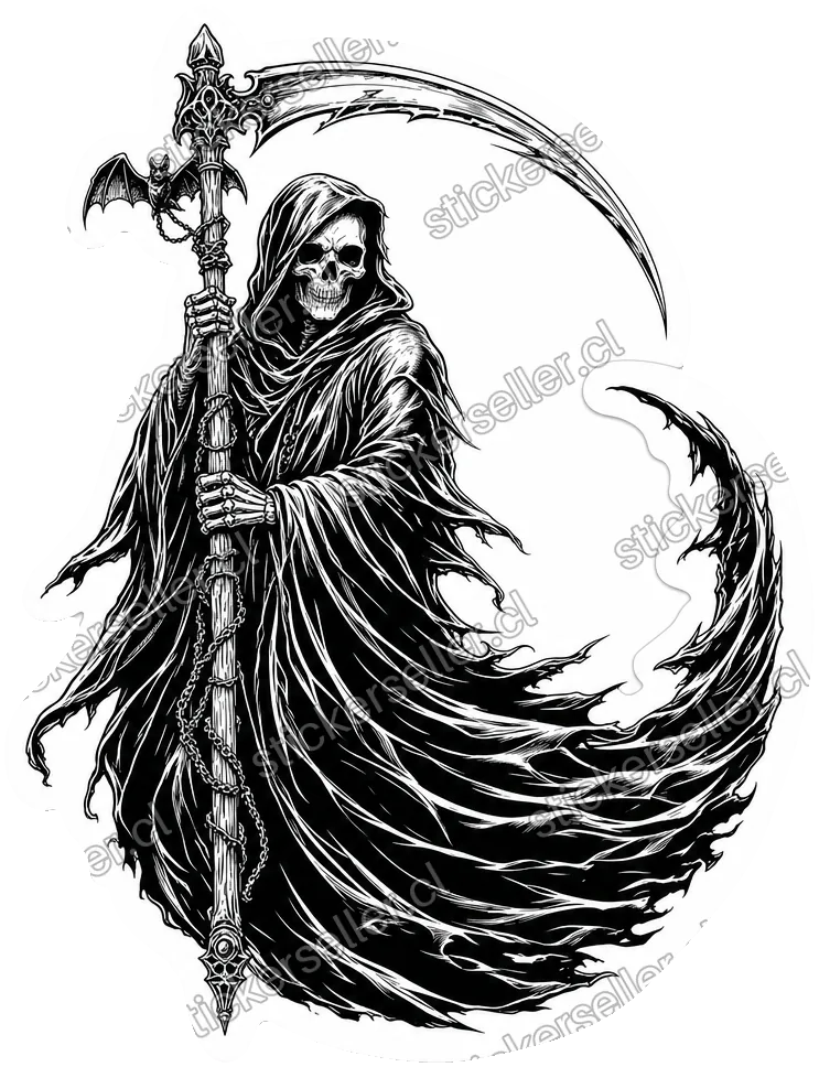 Sticker en tinta negra sobre blanco de una Parca con cara de calavera sosteniendo un báculo-guadaña vertical con un pequeño murciélago junto a la hoja arqueándose a la derecha, con la túnica hinchándose en forma de luna creciente.