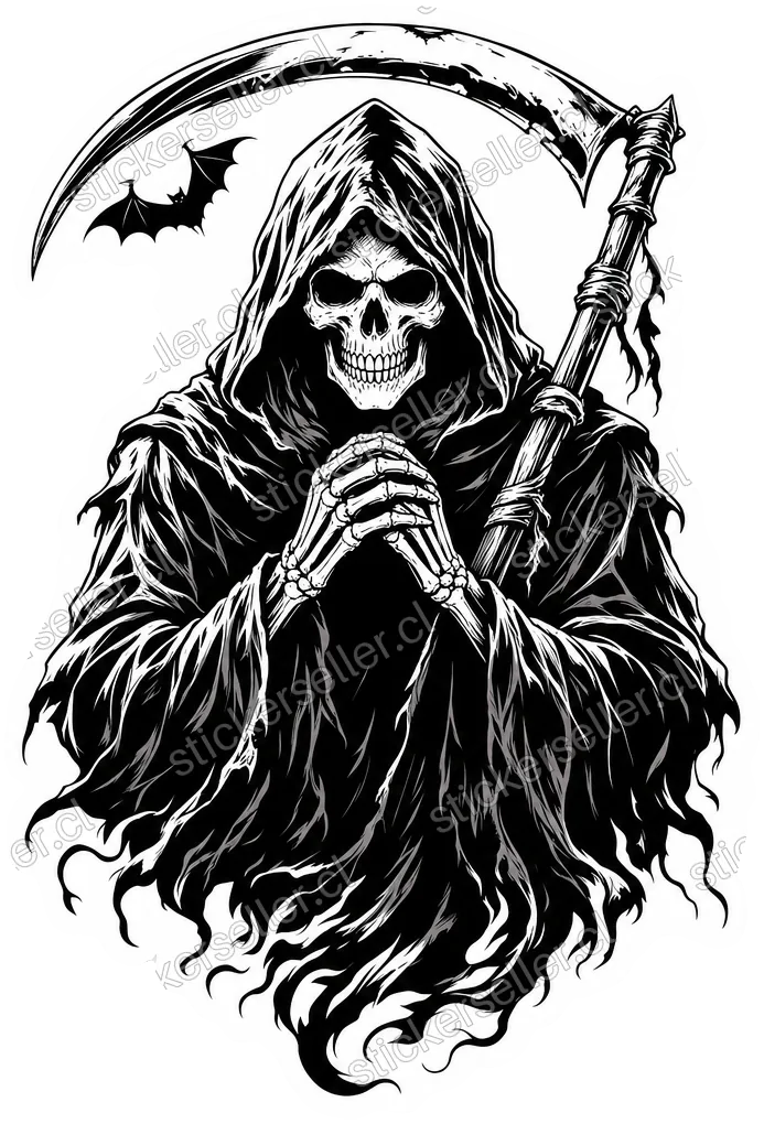 Sticker en tinta negra sobre blanco de una Parca con cara de calavera sonriente, de medio cuerpo, con las manos huesudas entrelazadas al pecho, un pequeño murciélago junto a la hoja que se arquea por encima a la derecha, y una túnica negra voluminosa y rasgada.