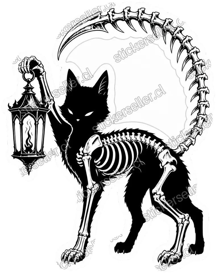 Sticker en tinta negra sobre blanco de un gato esquelético de cuatro patas, con silueta negra y costillar y patas blancas a la vista, alzando un farol con una pata, y una larga cola de espinazo segmentado arqueándose por encima a la derecha como una guadaña.