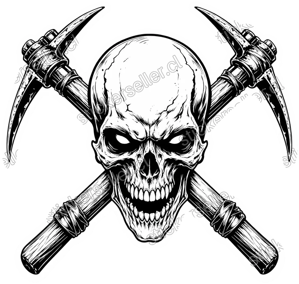 Sticker en tinta negra sobre blanco de una calavera de frente de gesto amenazante con dos picas de mango largo cruzadas en X por detrás, con rellenos negros sólidos, centrado y simétrico.