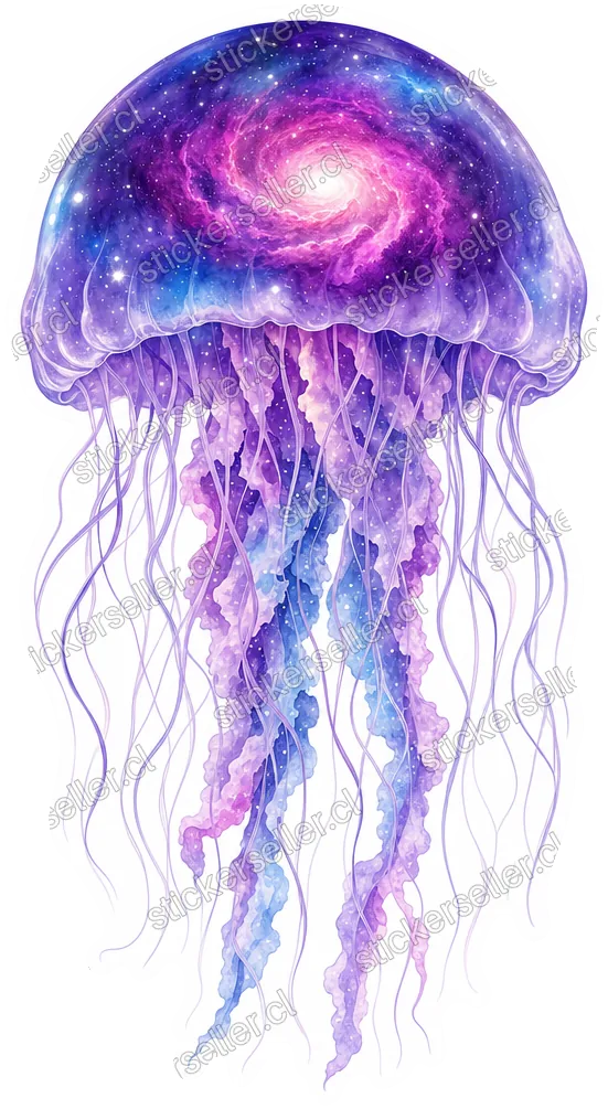 Sticker de una medusa con la campana pintada como una nebulosa morada, magenta y azul, y tentáculos finos y translúcidos cayendo hacia abajo.