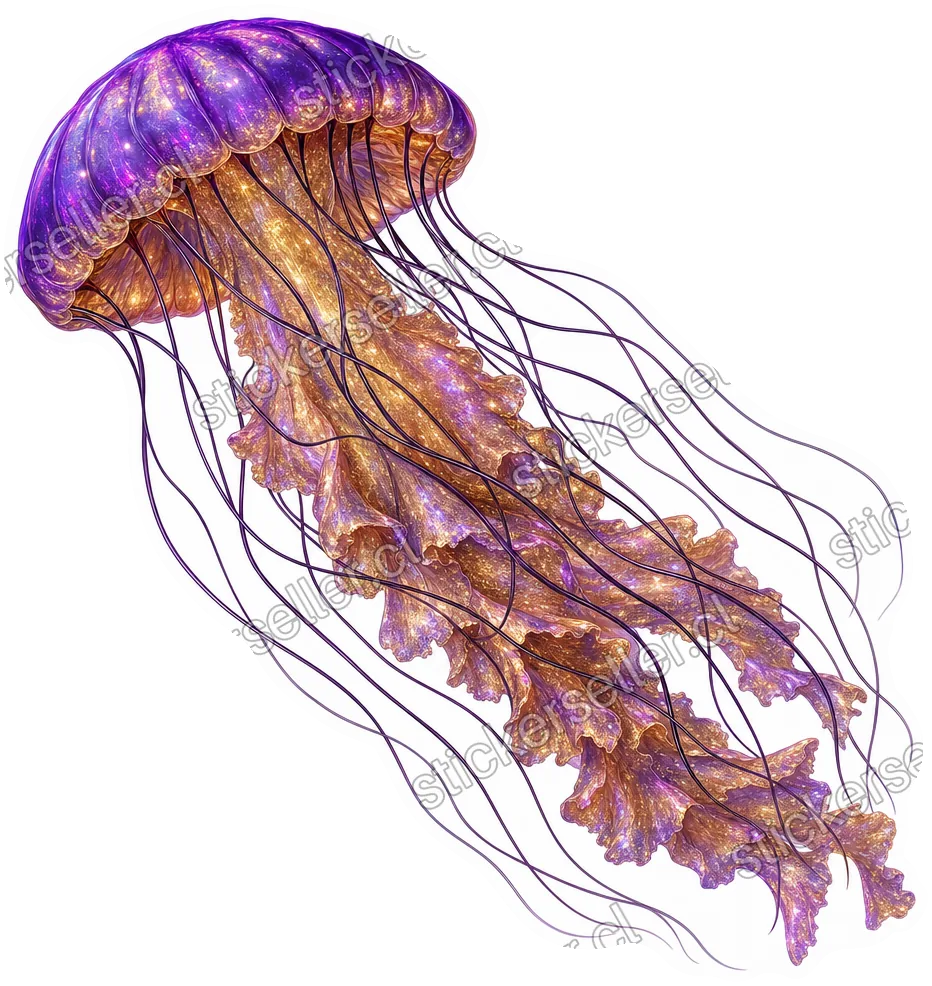 Sticker de una medusa con campana morada brillante, cuerpo dorado con destellos y tentáculos oscuros y finos en diagonal.