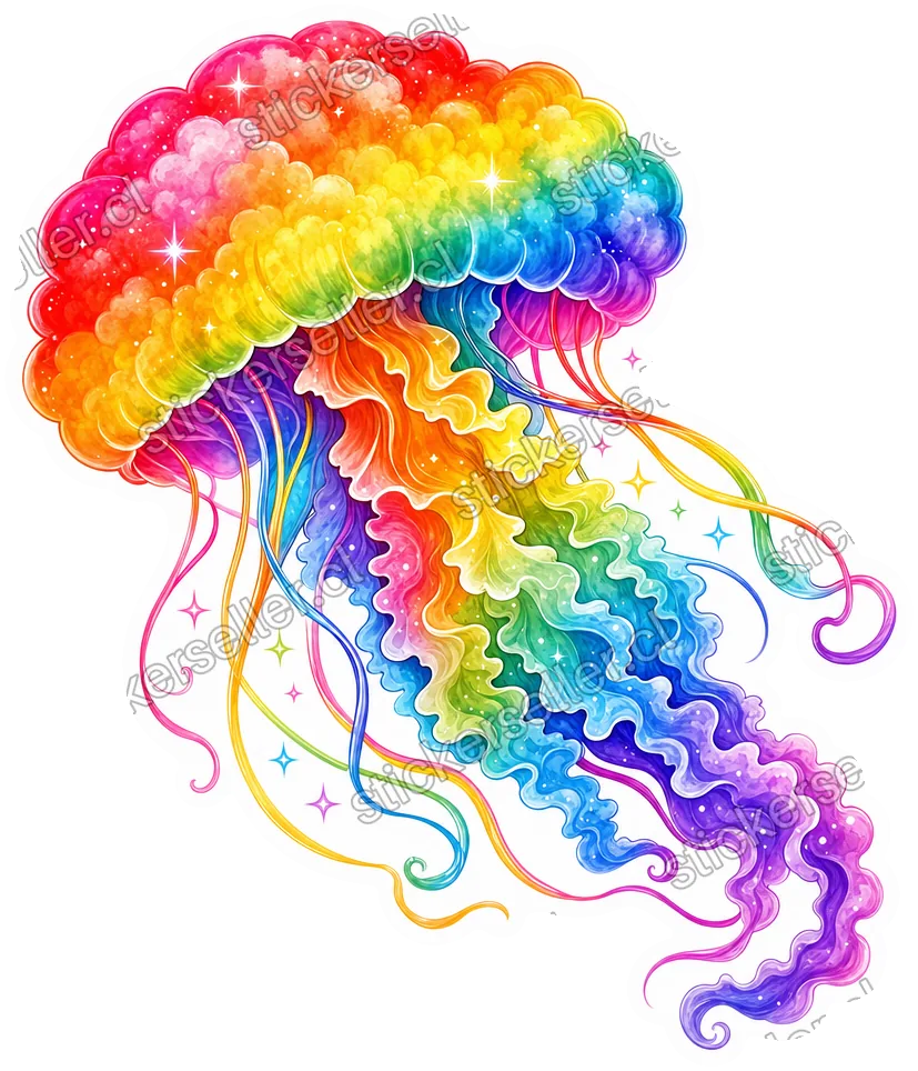 Sticker de una medusa con campana tipo nube en degradado arcoíris y tentáculos ondulados con pequeñas chispas.
