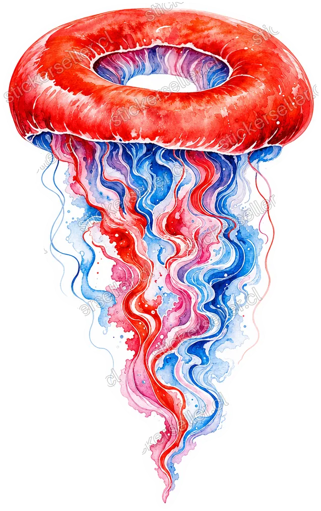 Sticker de una medusa con campana en anillo rojo y tentáculos marmolados en rojo, azul, rosado y blanco angostándose en punta.