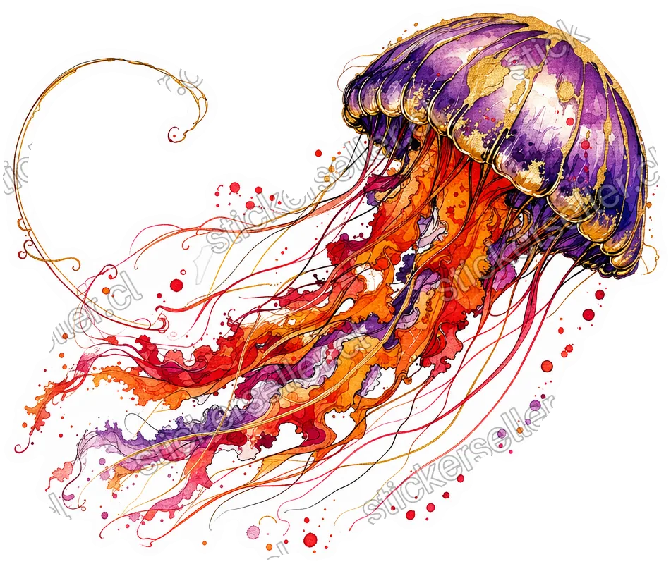 Sticker de una medusa con campana morada y dorada, tentáculos naranja-rojo en diagonal y gotas de pintura salpicadas.