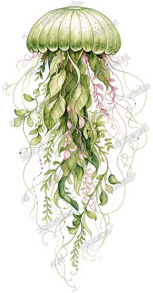 Sticker de una medusa con campana verde salvia y zarcillos enroscados que parecen hojas y vides, con toques rosa pálido.