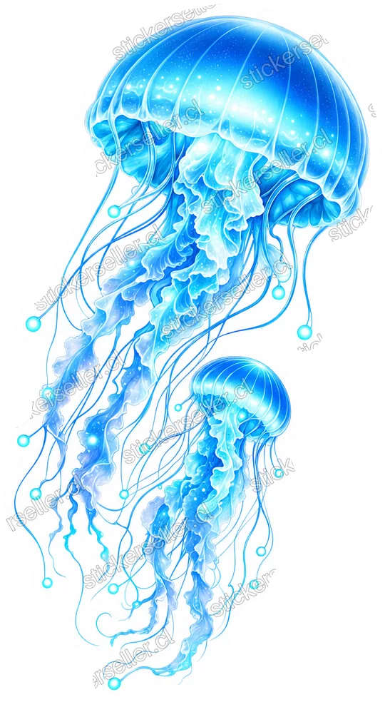 Sticker de una medusa azul brillante y translúcida con tentáculos de puntas luminosas, acompañada de una medusa más pequeña debajo.