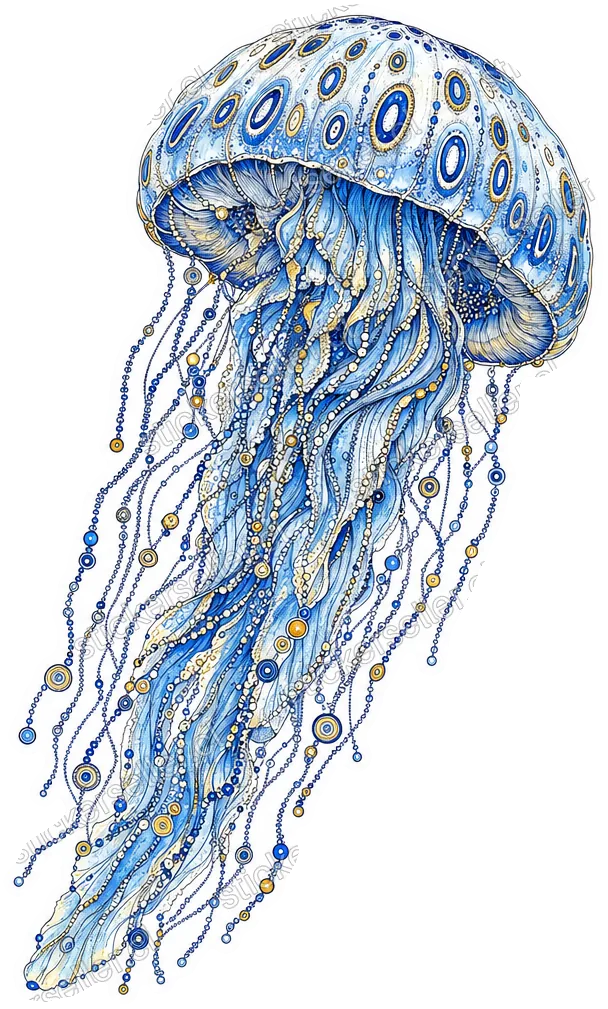 Sticker de una medusa con campana translúcida de anillos ovalados azules y tentáculos con cuentas, en tinta y acuarela.