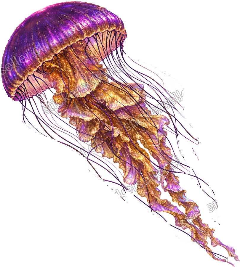 Sticker de una medusa con campana morada brillante, cuerpo dorado iridiscente y tentáculos oscuros fluyendo en diagonal.