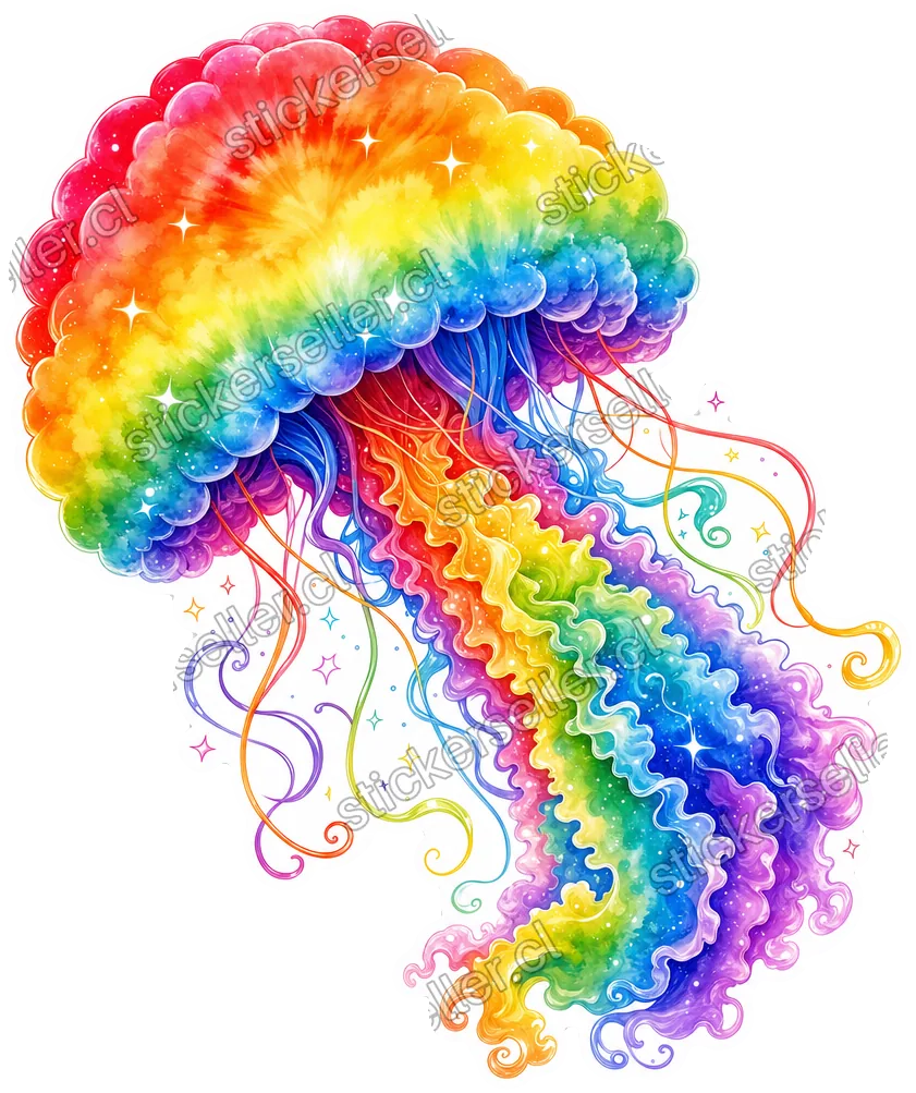 Sticker de una medusa con campana tipo nube en degradado arcoíris, tentáculos ondulados y pequeñas chispas.
