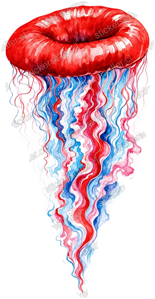Sticker de una medusa con la campana en forma de anillo rojo y un manojo de tentáculos marmolados en rojo, azul, rosado y blanco.