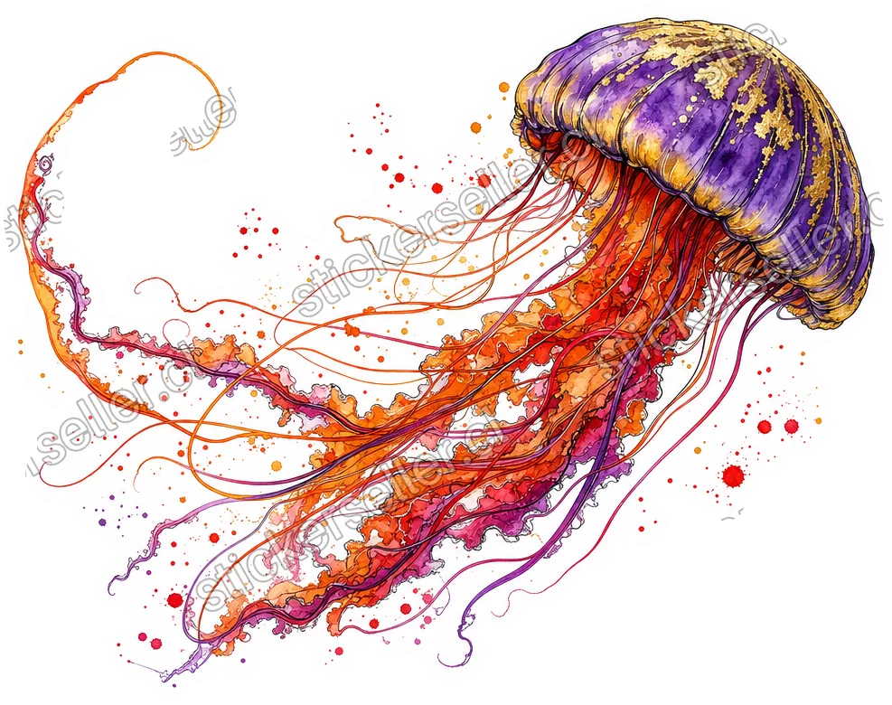 Sticker de una medusa con campana morada y dorada, tentáculos naranja-rojo en diagonal y gotas de pintura alrededor.