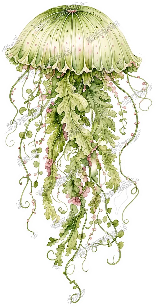 Sticker de una medusa con campana verde salvia y tentáculos con forma de zarcillos y hojas, con acentos rosa suave.
