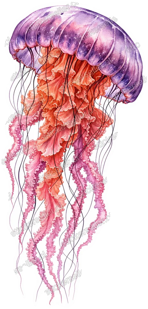 Sticker de una medusa ortiga con campana morada, brazos orales coral rizados y tentáculos rosados con hilos oscuros finos.