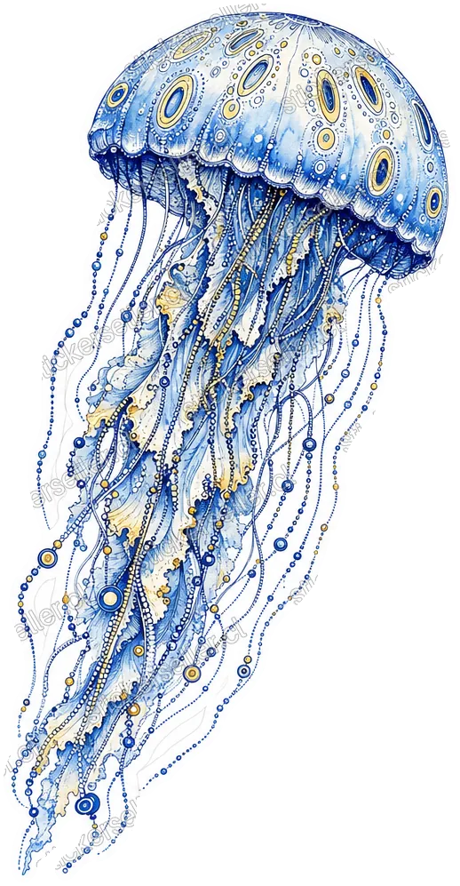 Sticker de una medusa con campana de anillos ovalados azules y tentáculos con cuentas, en tinta y acuarela dorada.