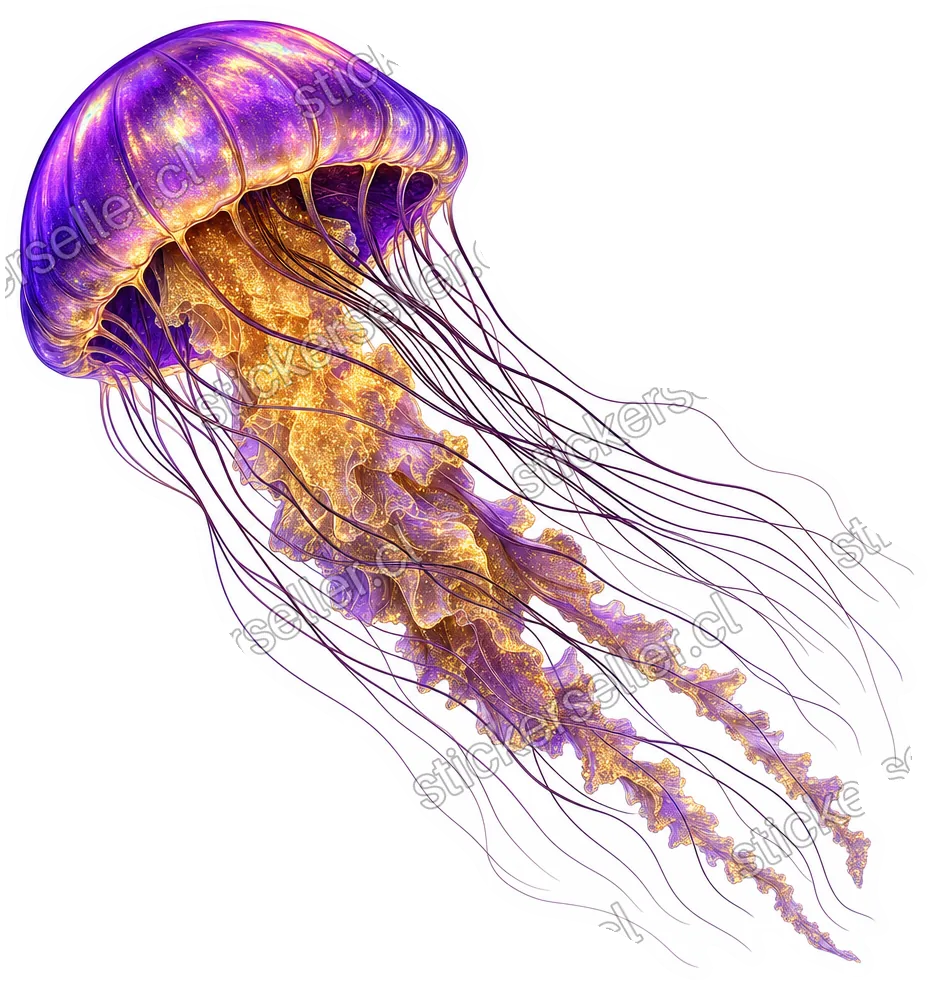 Sticker de una medusa con campana morada brillante, cuerpo dorado iridiscente y tentáculos oscuros y finos en diagonal.