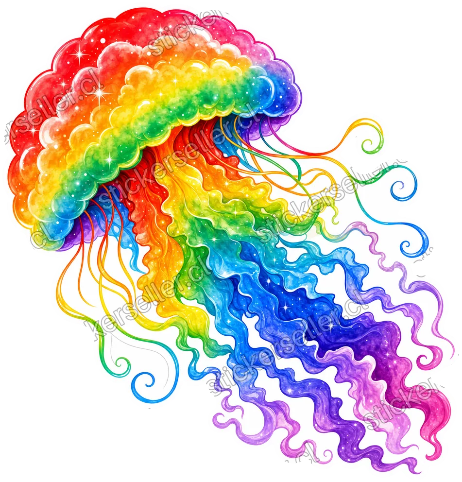Sticker de una medusa con campana tipo nube en degradado arcoíris y tentáculos ondulados con pequeñas chispas.
