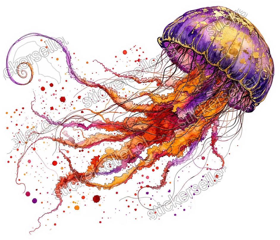 Sticker de una medusa con campana morada y dorada, tentáculos naranja-rojo en diagonal y gotas de pintura salpicadas.