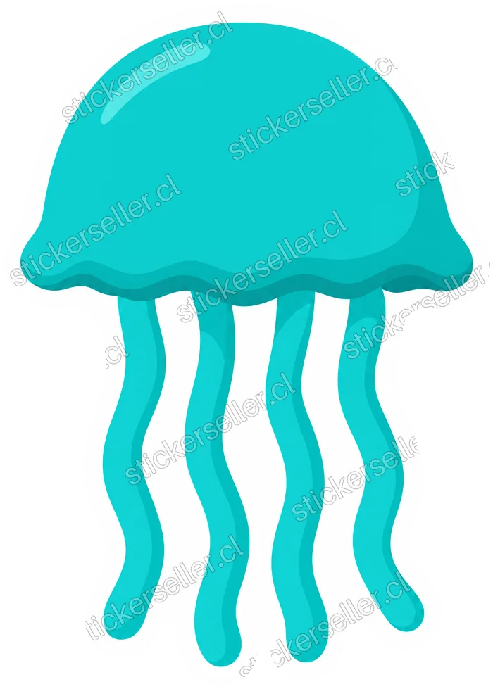 Sticker de una medusa de dibujo simple en tonos turquesa, con una campana lisa y pocos tentáculos gruesos y ondulados.