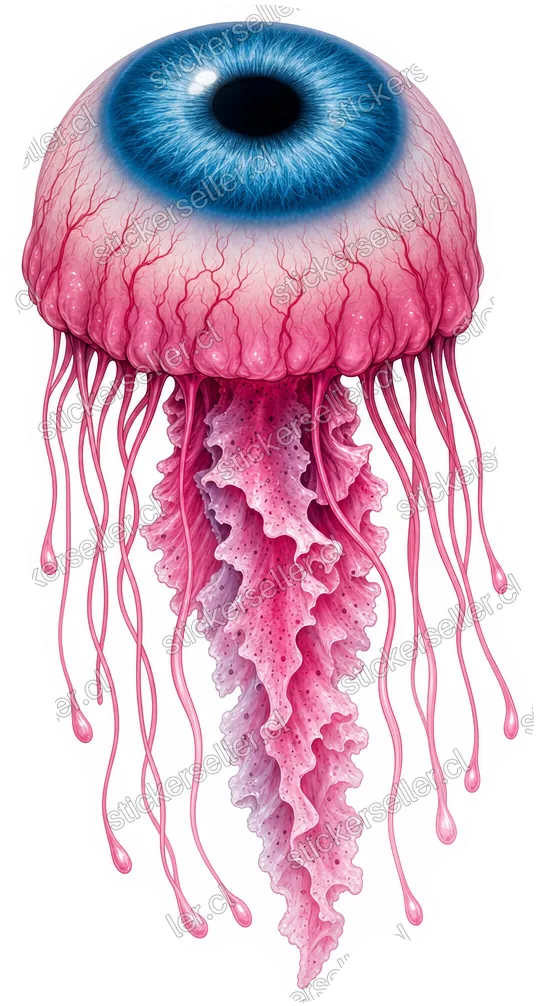 Sticker de una medusa surrealista con la campana en forma de ojo azul, cuerpo rosado veteado y largos tentáculos rosados.