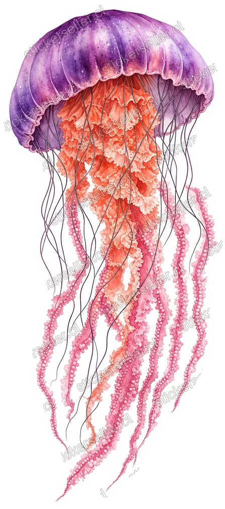 Sticker de una medusa ortiga de mar con campana morada, brazos orales coral rizados y tentáculos rosados con finos hilos negros.