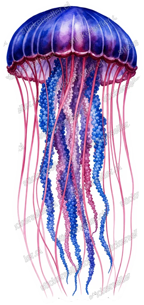 Sticker de una medusa con campana azul y morada de reborde granate, y tentáculos rectos magenta junto a brazos orales azules con cuentas.