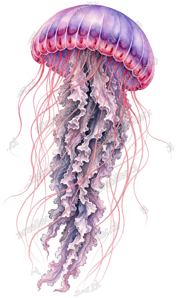 Sticker de una medusa con campana lavanda, brazos orales grises rizados y muchos tentáculos finos color salmón.