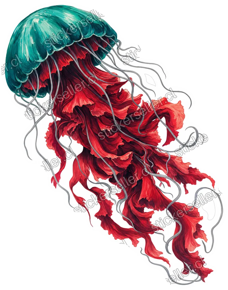 Sticker de una medusa con capa verde turquesa y cuerpo carmesí fluyendo en diagonal, con tentáculos grises finos.