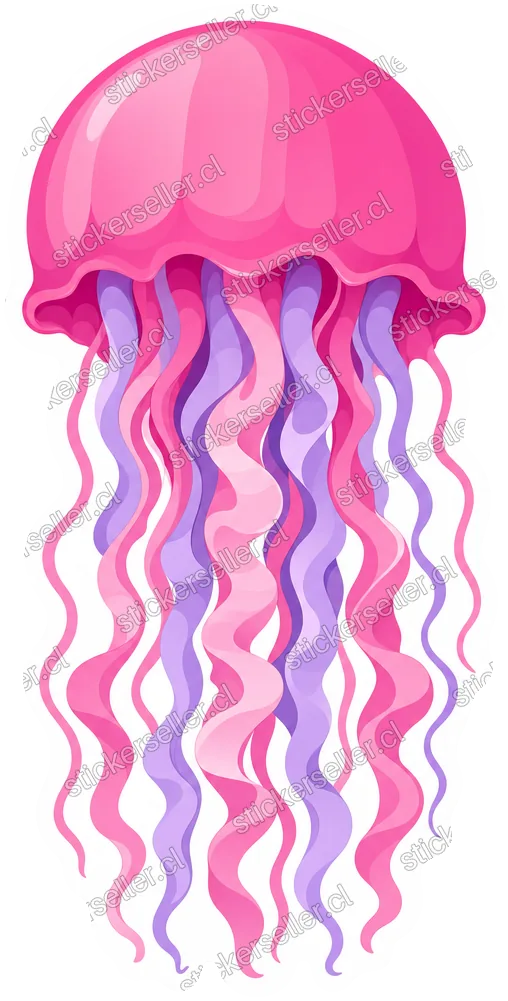 Sticker de una medusa cartoon con campana magenta-rosada y tentáculos ondulados en forma de cinta, rosados y morados.