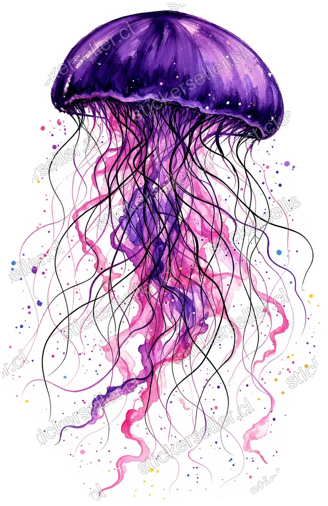 Sticker de una medusa con campana morada pintada a pincel y tentáculos enredados en rosado, magenta y líneas de tinta negra.