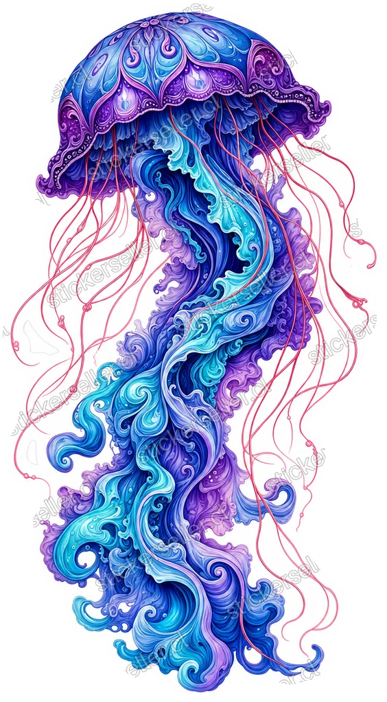 Sticker de una medusa con cuerpo en remolino turquesa, azul y morado, y finos tentáculos rojo-rosados desplegados.
