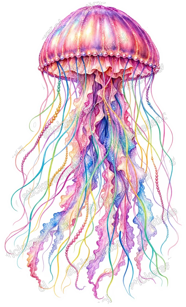 Sticker de una medusa con campana perlada rosa-morada y muchos tentáculos finos multicolores tipo arcoíris.