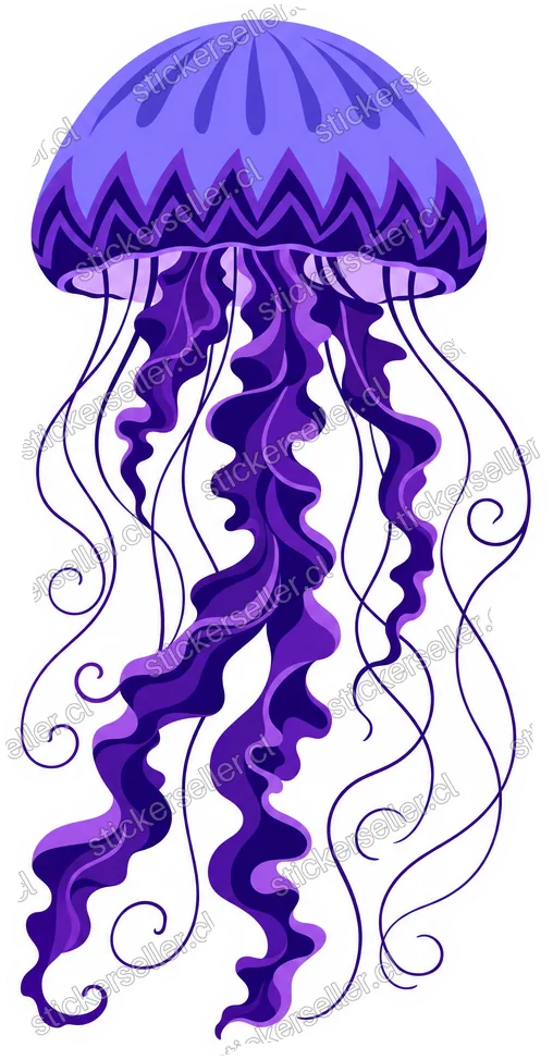 Sticker de una medusa con campana violeta de patrón zig-zag y gruesos brazos orales morado oscuro en forma de cinta.