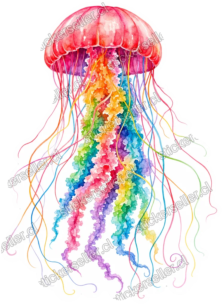 Sticker de una medusa con campana rosa-roja y muchos tentáculos finos multicolores tipo arcoíris fluyendo hacia abajo.