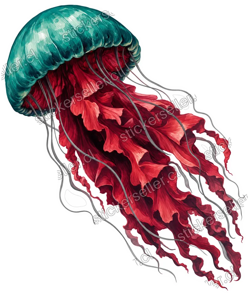 Sticker de una medusa con capa verde turquesa y cuerpo carmesí fluyendo en diagonal, con finos tentáculos grises.