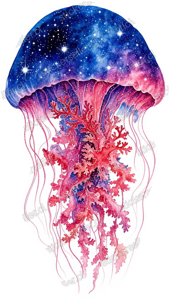 Sticker de una medusa con campana azul estrellada tipo galaxia que se transforma en brazos ramificados color coral rosado-rojo.