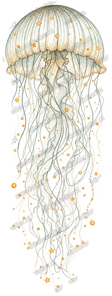 Sticker de una medusa delicada en tinta fina, con tentáculos larguísimos punteados de pequeñas estrellas y círculos naranja-dorado.
