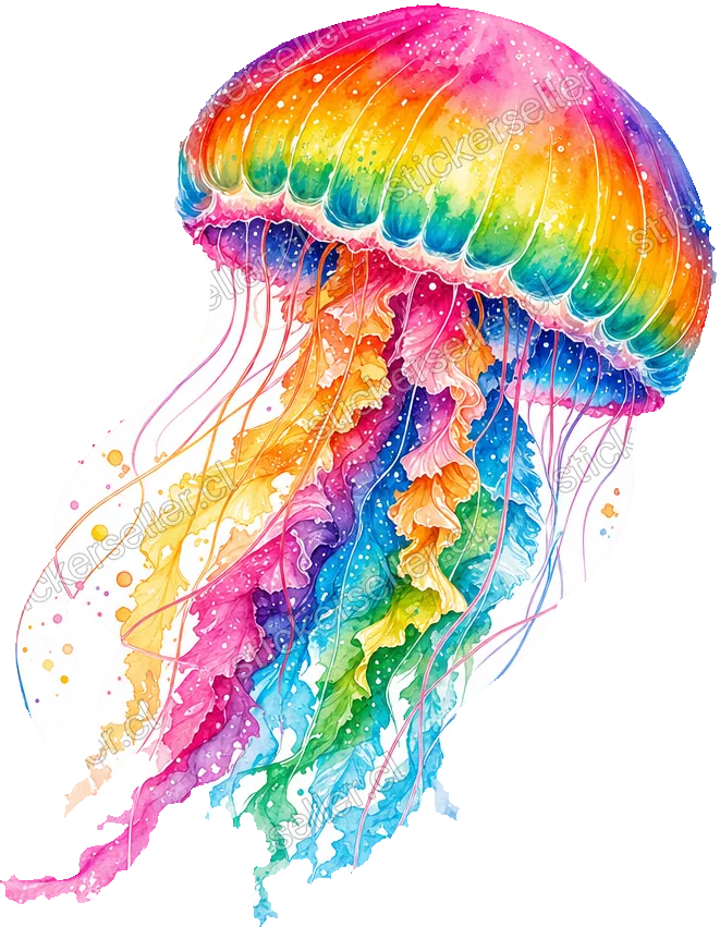 Sticker de una medusa arcoíris con tentáculos de colores, acompañada de dos pequeños peces betta y salpicaduras de pintura.