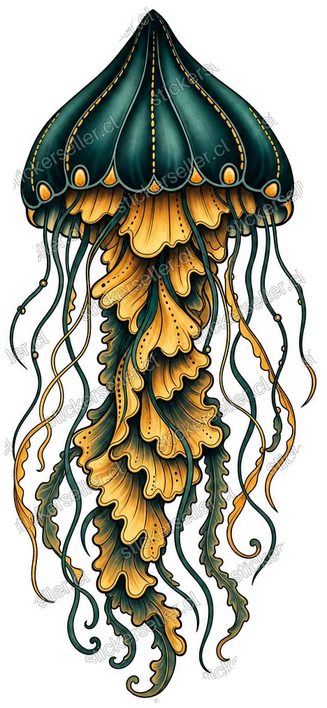 Sticker de una medusa estilo tatuaje con campana verde oscuro puntiaguda y brazos orales dorados escalonados en capas.