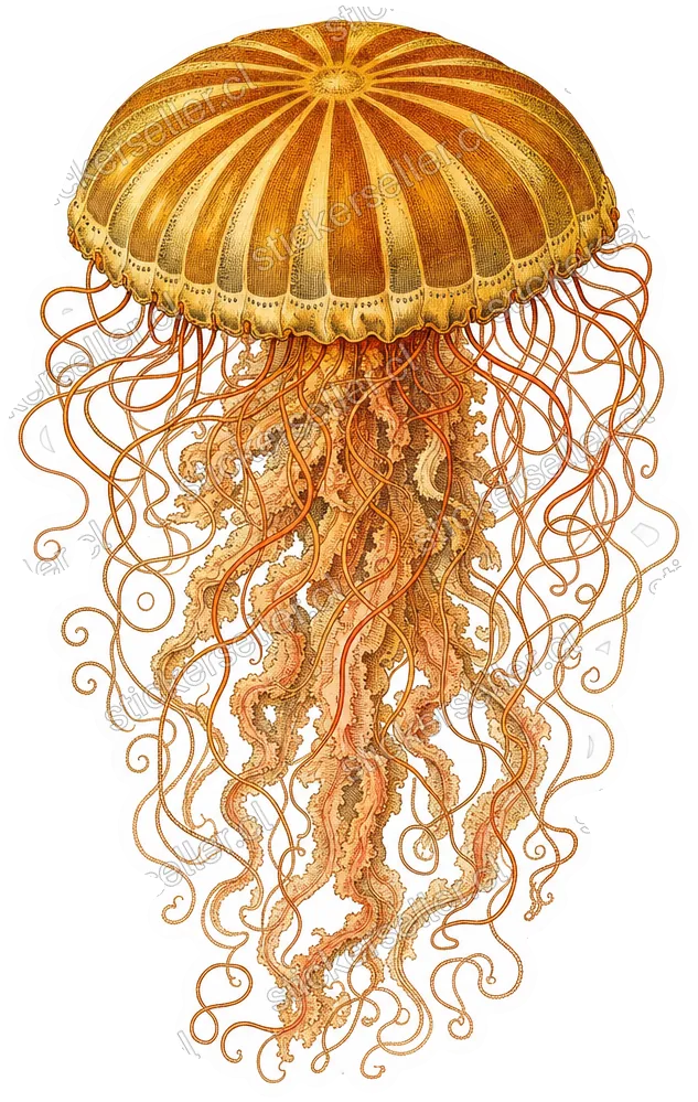 Sticker de una medusa estilo grabado antiguo con campana dorada de patrón radial y tentáculos enroscados naranja-tostado.