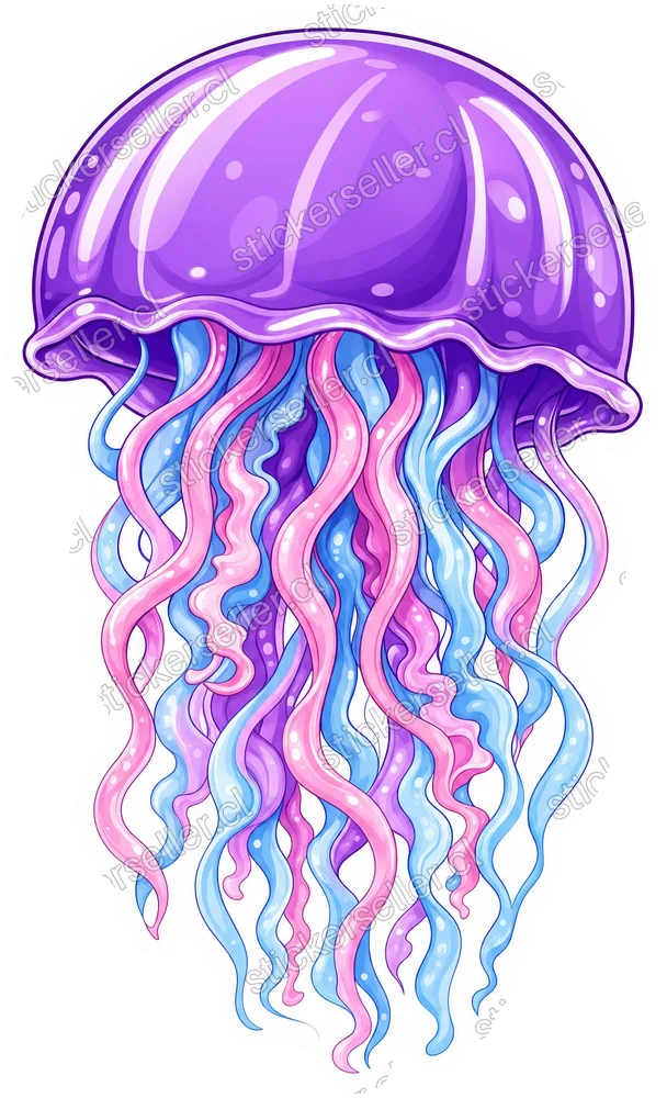 Sticker de una medusa cartoon con campana morada brillante de franjas de luz y tentáculos ondulados azul pastel y rosado.