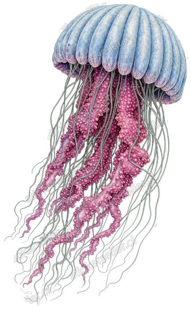 Sticker de una medusa con campana azul pálido estriada, brazos orales rosados nudosos y tentáculos finos gris-verdosos.