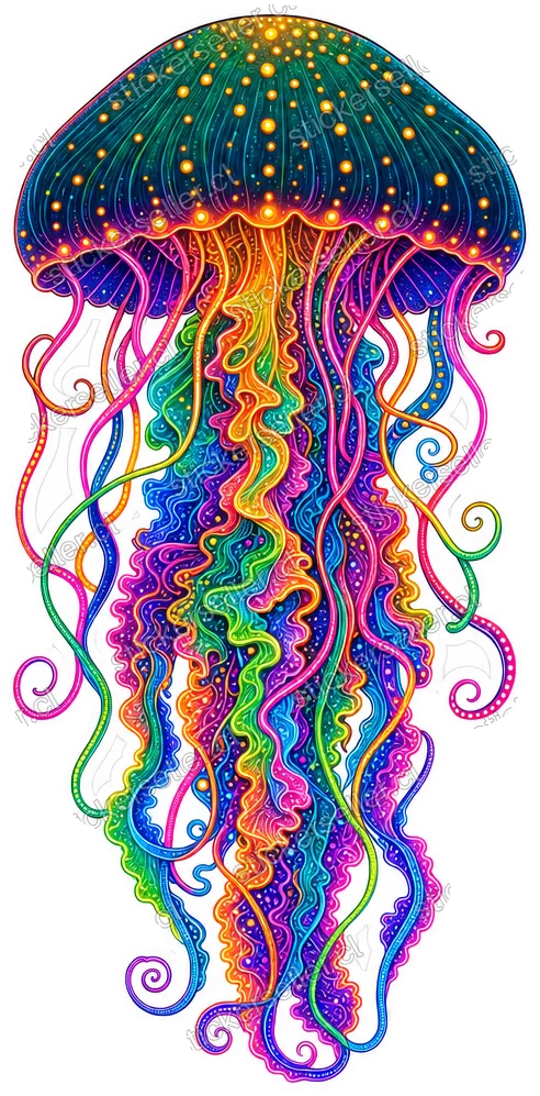 Sticker de una medusa con campana verde oscuro punteada en dorado y tentáculos largos en colores neón cayendo en cascada.