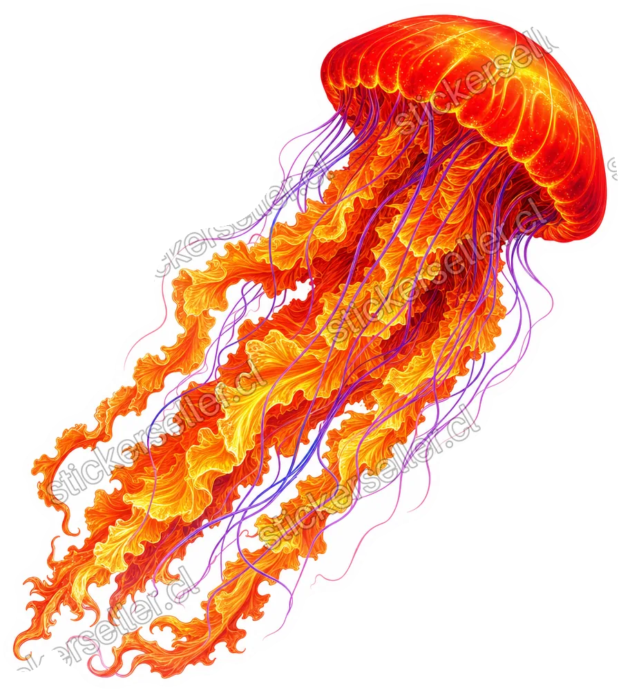 Sticker de una medusa con campana rojo-naranja brillante y tentáculos naranja y amarillo con finos hilos morados, en diagonal.