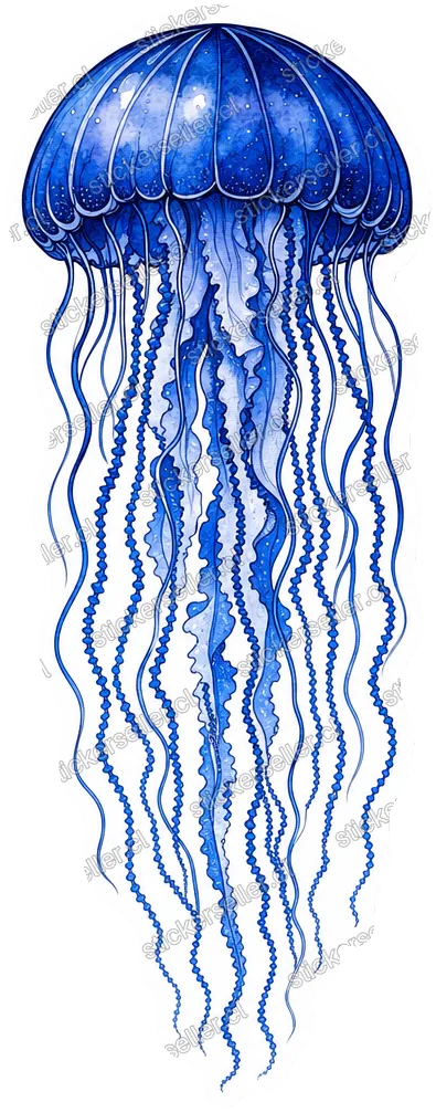 Sticker de una medusa azul marino vista de frente, con campana translúcida y tentáculos ondulados de textura en cuentas.